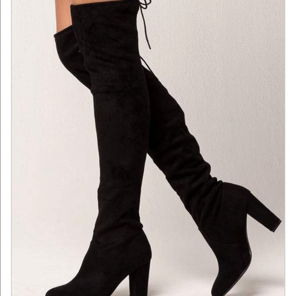 Black Suede Thigh High Heeled Boots